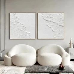 Handmade 3D White Oil Painting on Canvas Large hand painted Abstract Textured Palette Knife Boho oil painting Wall Art Custom Contemporary Minimalist artwork for Living Room bedroom home Decor