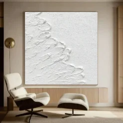 Handmade 3D White Oil Painting on Canvas Large hand painted Abstract Textured Palette Knife Boho oil painting Wall Art Custom Contemporary Minimalist artwork for Living Room bedroom home Decor