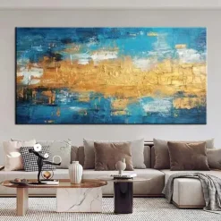 Handmade Gold blue Painting Hand Painted Oil Painting Wall Art Gold Foil Painting on Canvas Large Wall Art Texture contemporary art Home Decoration Rolled Canvas