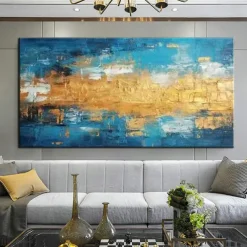Handmade Gold blue Painting Hand Painted Oil Painting Wall Art Gold Foil Painting on Canvas Large Wall Art Texture contemporary art Home Decoration Rolled Canvas