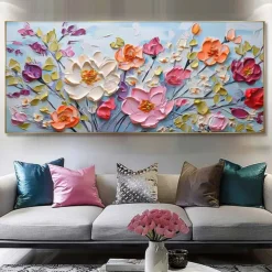 Handmade Hand Painted floral Oil Painting Wall Purole Flower Landscape Painting Home Decoration 3D Original Spiritual Flower Painting Wide Abstract White Floral Textured Wall Art Living Room Artwork