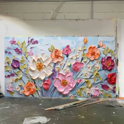 Handmade Hand Painted floral Oil Painting Wall Purole Flower Landscape Painting Home Decoration 3D Original Spiritual Flower Painting Wide Abstract White Floral Textured Wall Art Living Room Artwork