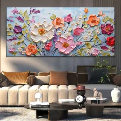 Handmade Hand Painted floral Oil Painting Wall Purole Flower Landscape Painting Home Decoration 3D Original Spiritual Flower Painting Wide Abstract White Floral Textured Wall Art Living Room Artwork