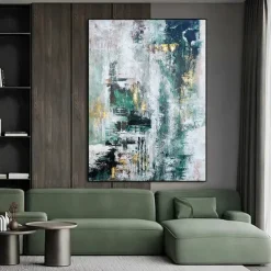 Handmade Hand Painted Oil Painting Storm Wall Art Dark Green Gold Foil Modern Minimalist Home Decoration Decor Rolled Canvas No Frame Unstretched