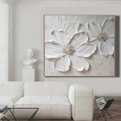Handmade Hand Painted Oil Painting 3D Large White Flower Oil Painting On Canvas Original Acrylic Painting Heavy Textured Painting Abstract Landscape Wall Art Floral Wall Decor