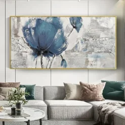 Handmade Oil Painting Canvas Wall Art Decoration Modern Abstract Texture Big Blue Rose Flower for Living Room Home Decor Rolled Frameless Unstretched Painting