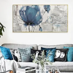 Handmade Oil Painting Canvas Wall Art Decoration Modern Abstract Texture Big Blue Rose Flower for Living Room Home Decor Rolled Frameless Unstretched Painting