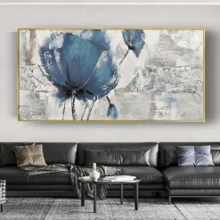 Handmade Oil Painting Canvas Wall Art Decoration Modern Abstract Texture Big Blue Rose Flower for Living Room Home Decor Rolled Frameless Unstretched Painting