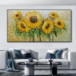 Handmade Oil Painting Canvas Wall Art Decoration Modern Abstract Flowers Knife Sunflower for Living Room Home Decor Rolled Frameless Unstretched Painting