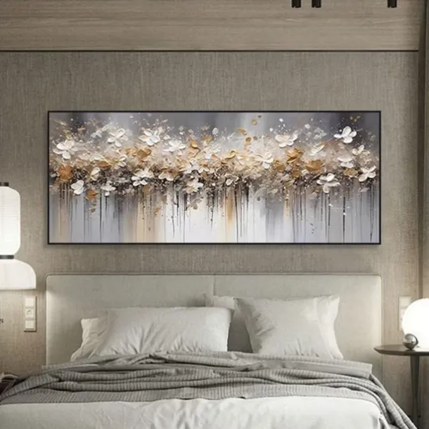 Handmade Oil Painting Canvas Wall Art Decoration Abstract F lowers Horizontal Bed Decoration Painting for Bedroom for Home Decor Rolled Frameless Unstretched Painting