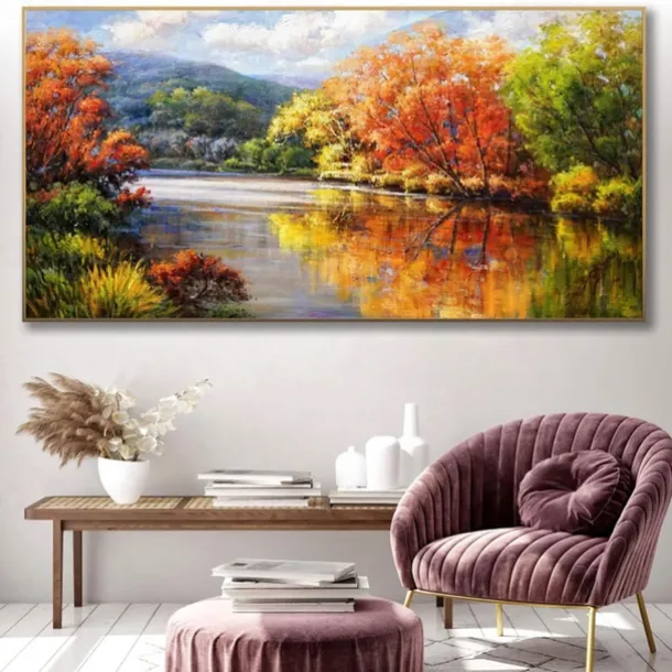 Handmade Oil Painting Canvas Wall Art Decoration Rivers and Lakes Reflect the Natural Scenery Landscape for Home Decor Rolled Frameless Unstretched Painting