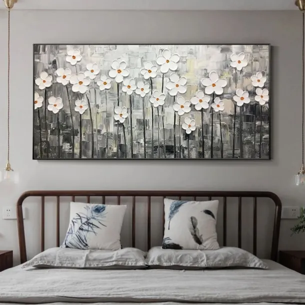 Handmade Oil Painting Canvas Wall Art Decoration Palette Knife Painting Classic White Plum Blossom for Home Decor Rolled Frameless Unstretched Painting