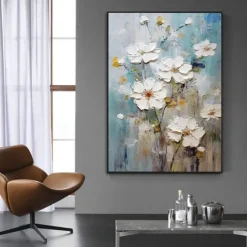 Handmade Oil Painting Canvas Wall Art Decoration Thick Oil White Abstract Flowers for Home Decor Rolled Frameless Unstretched Painting