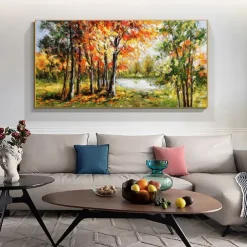 Handmade Oil Painting Canvas Wall Art Decoration Modern Beautiful Maple Forest Scenery for Living Room Home Decor Rolled Frameless Unstretched Painting