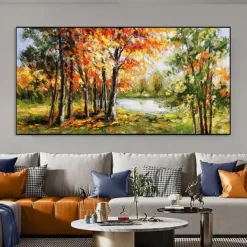 Handmade Oil Painting Canvas Wall Art Decoration Modern Beautiful Maple Forest Scenery for Living Room Home Decor Rolled Frameless Unstretched Painting