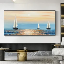 Handmade Oil Painting Canvas Wall Art Decoration Abstract Sailboat in the Sunset Painting Abstract Ocean Seascape Painting for Home Decor Rolled Frameless Unstretched Painting