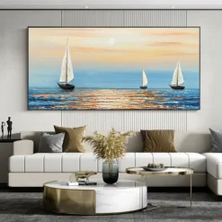 Handmade Oil Painting Canvas Wall Art Decoration Abstract Sailboat in the Sunset Painting Abstract Ocean Seascape Painting for Home Decor Rolled Frameless Unstretched Painting