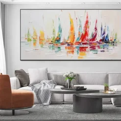 Handmade Oil Painting Canvas Wall Art Decoration Modern Abstract Sailboat Landscape for Living Room Home Decor Rolled Frameless Unstretched Painting