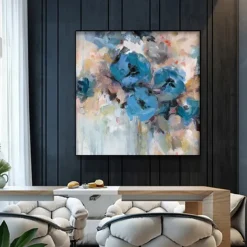Handmade Oil Painting Canvas Wall Art Decoration Modern Abstract Blue Rose Flower for Home Decor Rolled Frameless Unstretched Painting