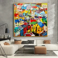Handmade Oil Painting Canvas Wall Art Decoration Modern Abstract Village Colorful House Home Living Room Decor Rolled Frameless Unstretched Painting