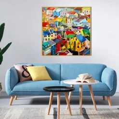 Handmade Oil Painting Canvas Wall Art Decoration Modern Abstract Village Colorful House Home Living Room Decor Rolled Frameless Unstretched Painting