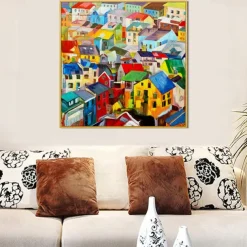 Handmade Oil Painting Canvas Wall Art Decoration Modern Abstract Village Colorful House Home Living Room Decor Rolled Frameless Unstretched Painting