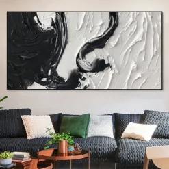 Handmade Oil Paintings Canvas Wall Art Decoration Black And White Minimalism Abstract Thick Oil Knife Drawing for Home Decor Rolled Frameless Unstretched Painting