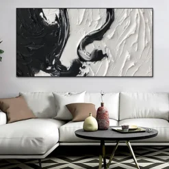Handmade Oil Paintings Canvas Wall Art Decoration Black And White Minimalism Abstract Thick Oil Knife Drawing for Home Decor Rolled Frameless Unstretched Painting