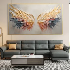 Handmade Original Angel Wing Oil Painting On Canvas Wall Art Decor Abstract Minimalist golden Painting for Home Decor With Stretched Frame/Without Inner Frame Painting