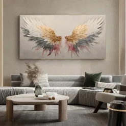 Handmade Original Angel Wing Oil Painting On Canvas Wall Art Decor Abstract Minimalist golden Painting for Home Decor With Stretched Frame/Without Inner Frame Painting
