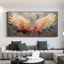 Handmade Original Angel Wing Oil Painting On Canvas Wall Art Decor Abstract Minimalist golden Painting for Home Decor With Stretched Frame/Without Inner Frame Painting