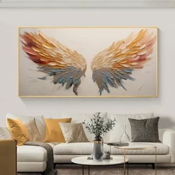 Handmade Original Angel Wing Oil Painting On Canvas Wall Art Decor Abstract Minimalist golden Painting for Home Decor With Stretched Frame/Without Inner Frame Painting
