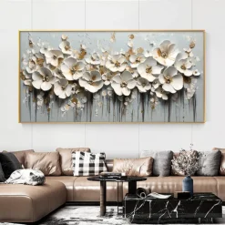 Handmade Original 3D Texture Flowers Oil Painting On Canvas Abstract White Floral Wall Art for Home Decor With Stretched FrameWithout Inner Frame Painting