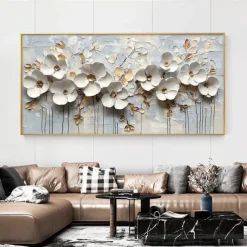 Handmade Original 3D Texture Flowers Oil Painting On Canvas Abstract White Floral Wall Art for Home Decor With Stretched FrameWithout Inner Frame Painting