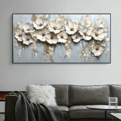Handmade Original 3D Texture Flowers Oil Painting On Canvas Abstract White Floral Wall Art for Home Decor With Stretched FrameWithout Inner Frame Painting