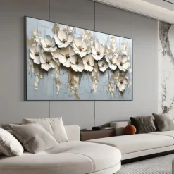 Handmade Original 3D Texture Flowers Oil Painting On Canvas Abstract White Floral Wall Art for Home Decor With Stretched FrameWithout Inner Frame Painting