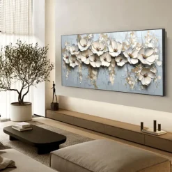 Handmade Original 3D Texture Flowers Oil Painting On Canvas Abstract White Floral Wall Art for Home Decor With Stretched FrameWithout Inner Frame Painting