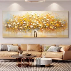 Handmade Original Golden Tree Painting Fall Decor Thick Oil Painting Tree Of Life Art Flower Wall Art Large Tree Paintings No Frame