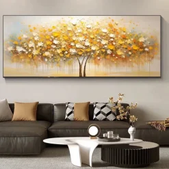 Handmade Original Golden Tree Painting Fall Decor Thick Oil Painting Tree Of Life Art Flower Wall Art Large Tree Paintings No Frame