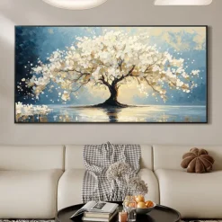 Handmade Original White Tree of Life Painting Oil Painting On Canvas Abstract Blooming Big Tree Wall Art for Home Decor With Stretched Frame/Without Inner Frame Painting