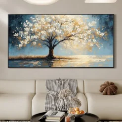 Handmade Original White Tree of Life Painting Oil Painting On Canvas Abstract Blooming Big Tree Wall Art for Home Decor With Stretched Frame/Without Inner Frame Painting