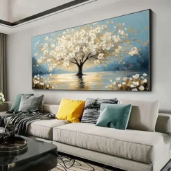 Handmade Original White Tree of Life Painting Oil Painting On Canvas Abstract Blooming Big Tree Wall Art for Home Decor With Stretched Frame/Without Inner Frame Painting