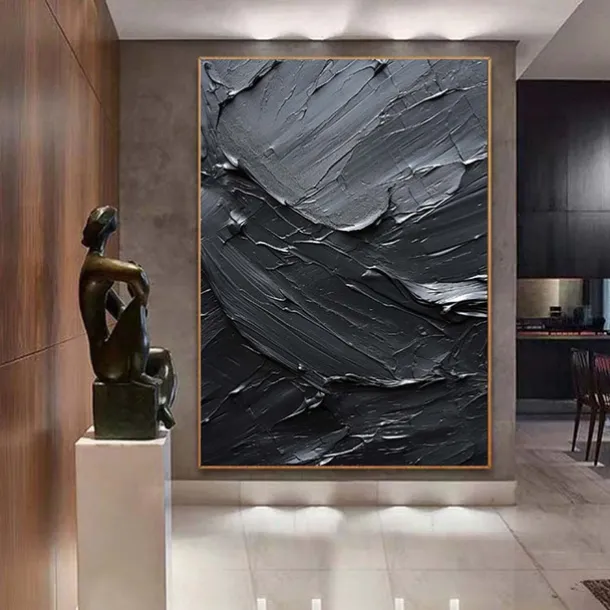 Handmade Pure Black Textured painting Hand Painted Oil Painting Wall Art Large Painting Palette Knife Abstract Painting Hand-painted Acrylic Paintings Decor Rolled Canvas