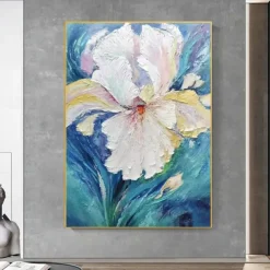 Handpaint Large Abstract Flower Painting On Canvas Blue Texture Painting Navy Pink Floral Painting Room Wall Art Home Decor For Living Room No Frame