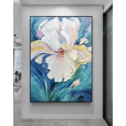 Handpaint Large Abstract Flower Painting On Canvas Blue Texture Painting Navy Pink Floral Painting Room Wall Art Home Decor For Living Room No Frame