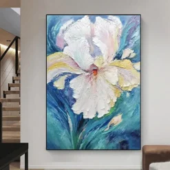 Handpaint Large Abstract Flower Painting On Canvas Blue Texture Painting Navy Pink Floral Painting Room Wall Art Home Decor For Living Room No Frame