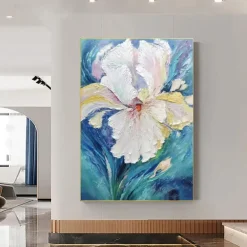 Handpaint Large Abstract Flower Painting On Canvas Blue Texture Painting Navy Pink Floral Painting Room Wall Art Home Decor For Living Room No Frame