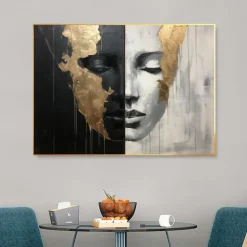 Hand-painted Abstract Girl Faces Paintings On Canvas Black White Painting Figurative Artwork Gold People Painting Minimalist Wall Art for Home Decor Stretched Frame Ready to Hang