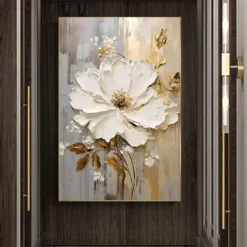 Handpainted Large Flower Texture Painting 3D Texture Painting Gold Floral Abstract Painting Original Gold Wall Art Flower Painting for Living Room Home Decor Stretched Frame Ready to Hang