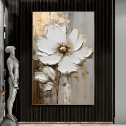 Handpainted Large Flower Texture Painting 3D Texture Painting Gold Floral Abstract Painting Original Gold Wall Art Flower Painting for Living Room Home Decor Stretched Frame Ready to Hang